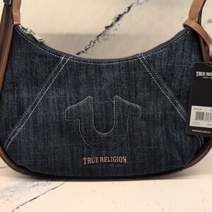 TRUE RELIGION Blue Denim Crescent Shoulder Handbag Purse NWT